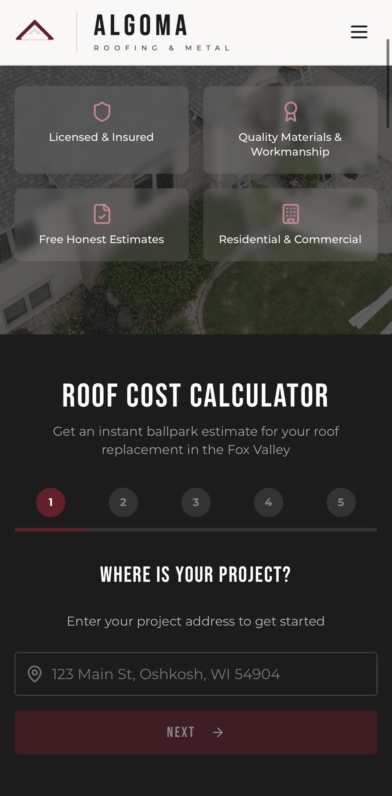 Full Algoma Roofing & Metal homepage from header to roof cost calculator