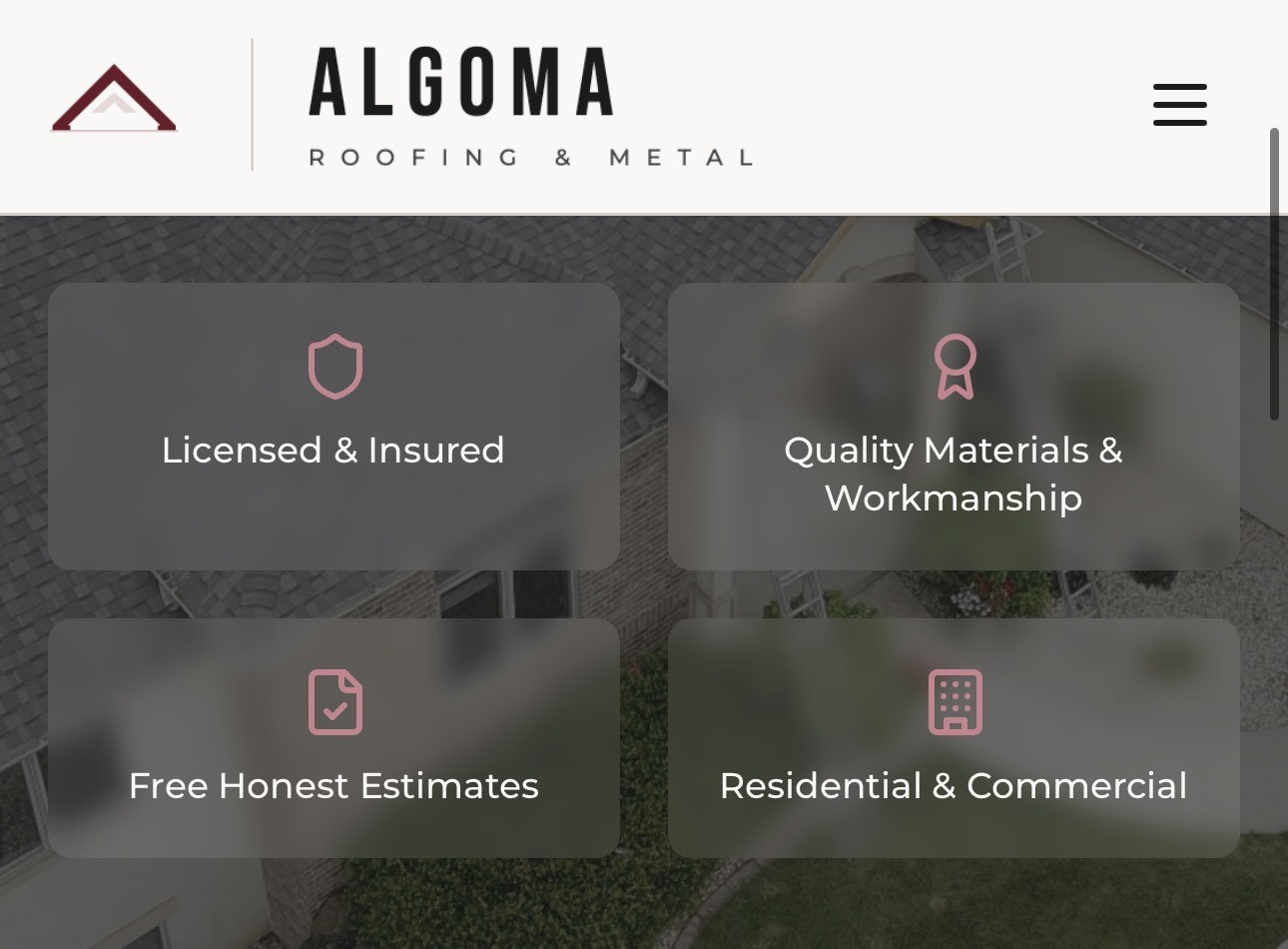 Algoma Roofing & Metal homepage with logo and trust badges over an aerial roofing photo