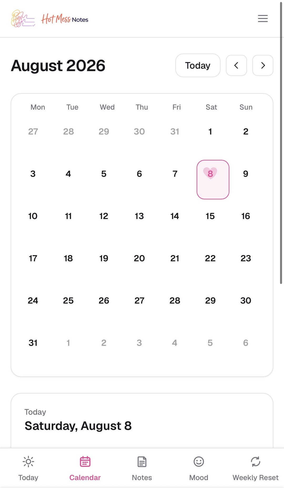 Hot Mess Notes calendar view