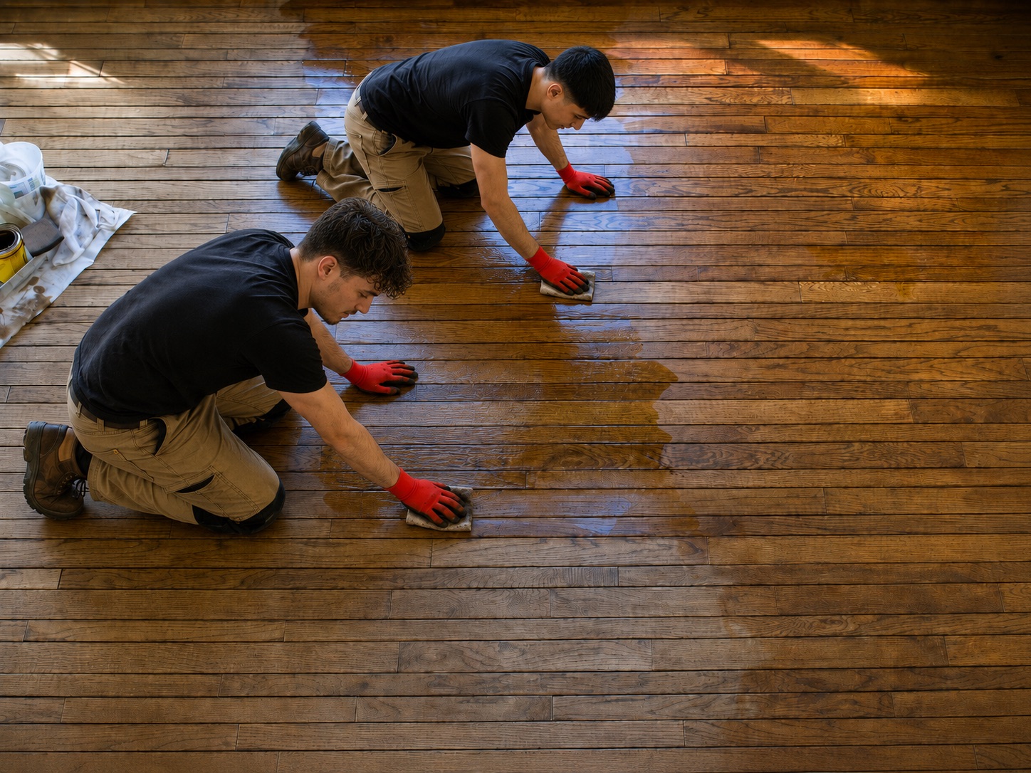 Two workers applying wood stain to a hardwood floor